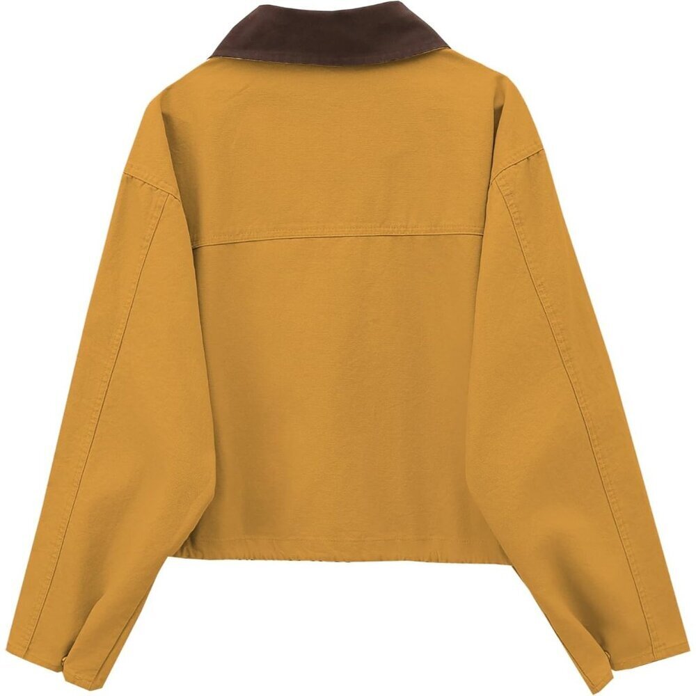 Women's Yellow Cropped Contrast Collar Utility Coat Cargo Jacket Imported - Picture 4 of 6